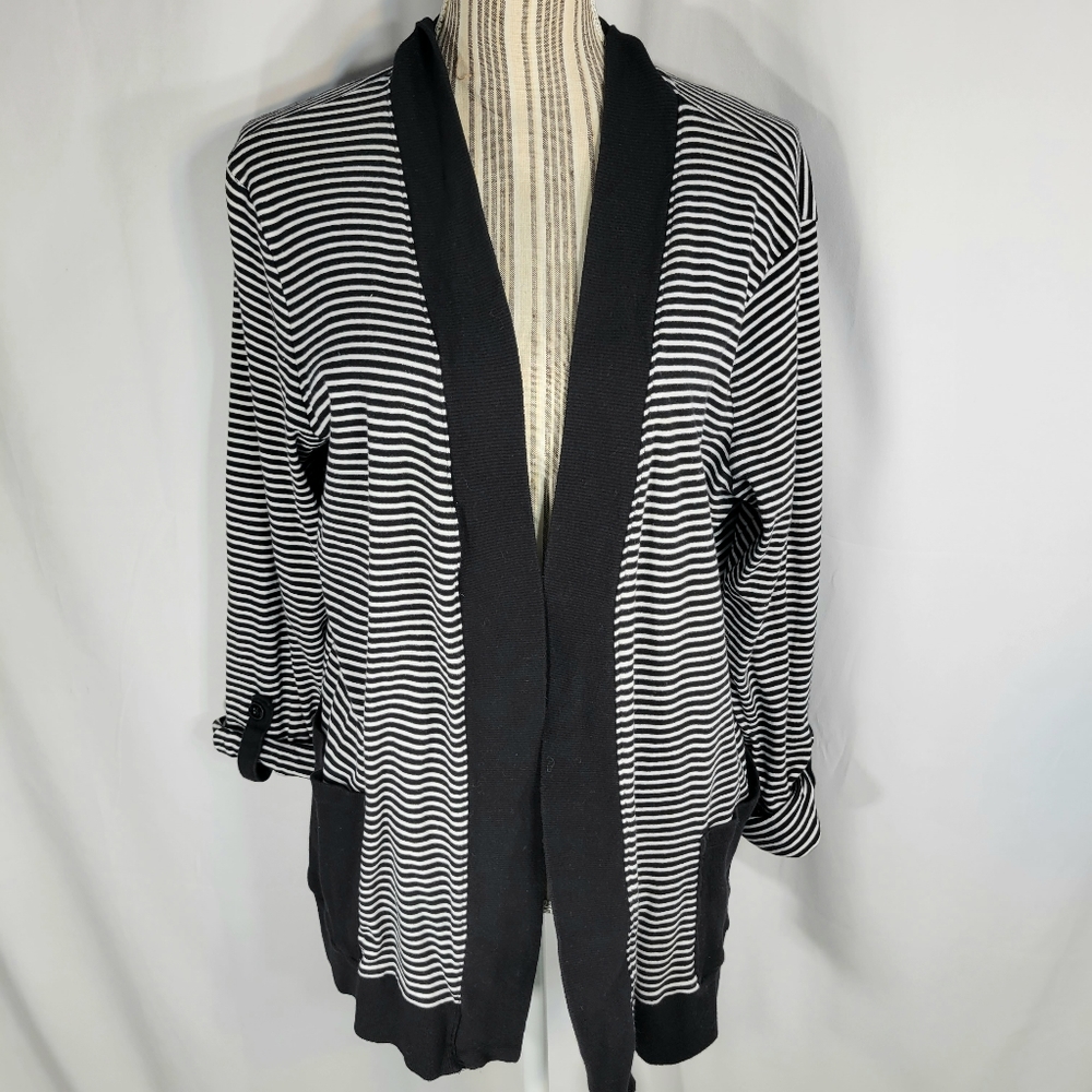 Jones New York Sport Black & White Striped Open Front Cardigan Size XLarge